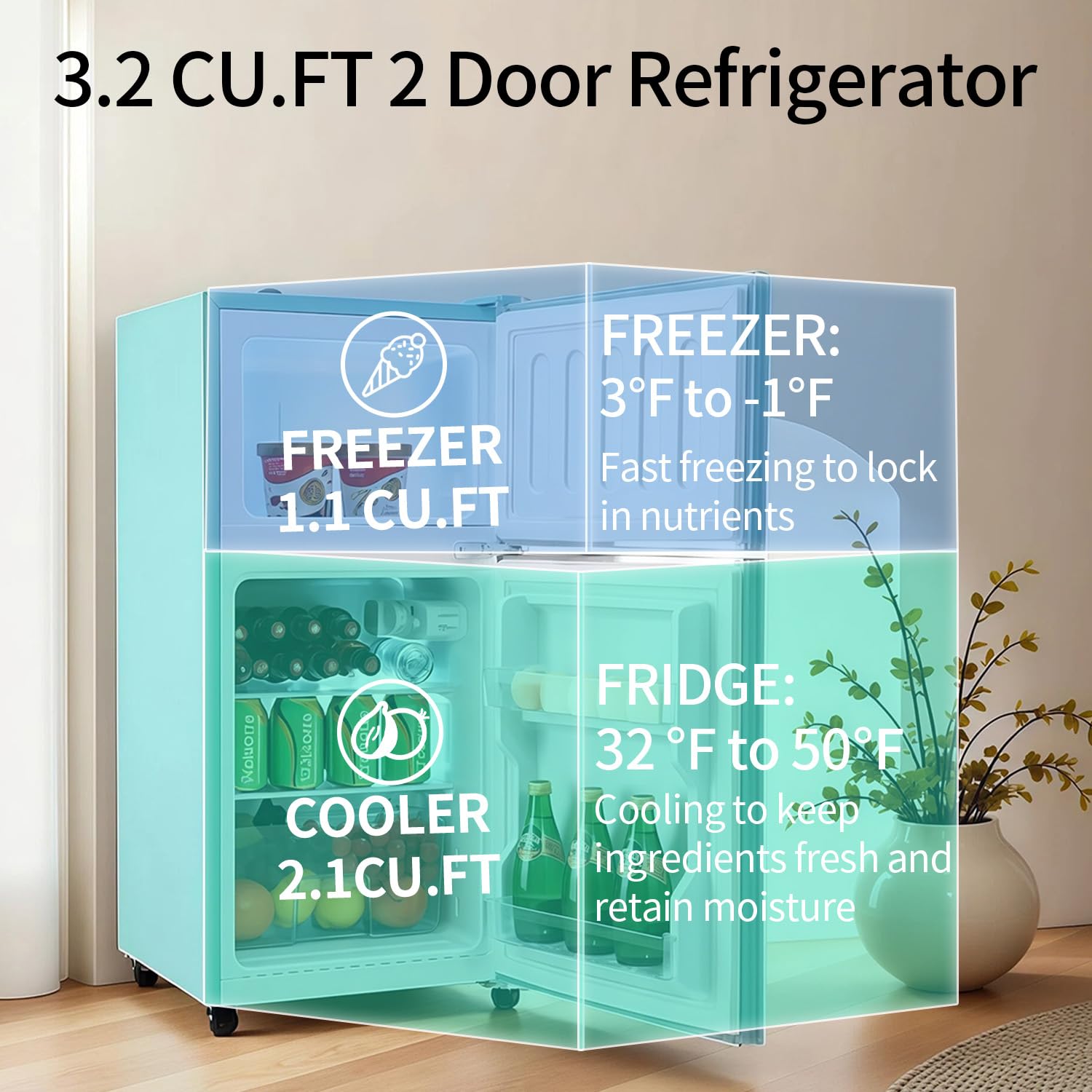 Anukis 3.2 Cu.Ft Retro Refrigerator With Freezer, 2 Door Mini Fridge With Adjustable Thermostat,Small Refrigerator For Apartment, Dorm, Office, Family, Basement, Garage (Mint Green) on Fridge.com - View 3