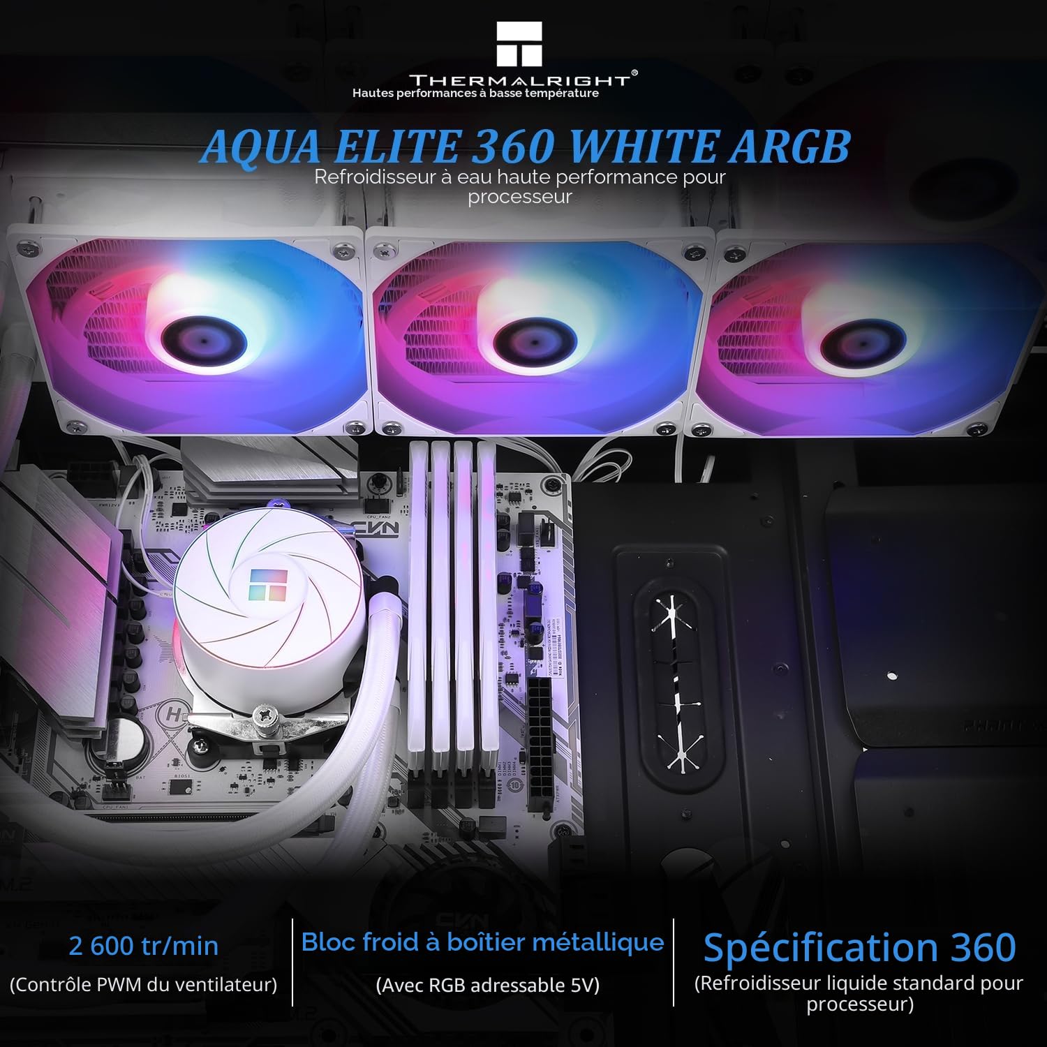 Thermalright Aqua Elite 360 - Ventilateur de CPU liquide ARGB, 360 AIO taille de ligne de refroidissement, 3 ventilateurs PWM de 120 mm, pour AM4/AM5/lga1851/1700/115x/1200