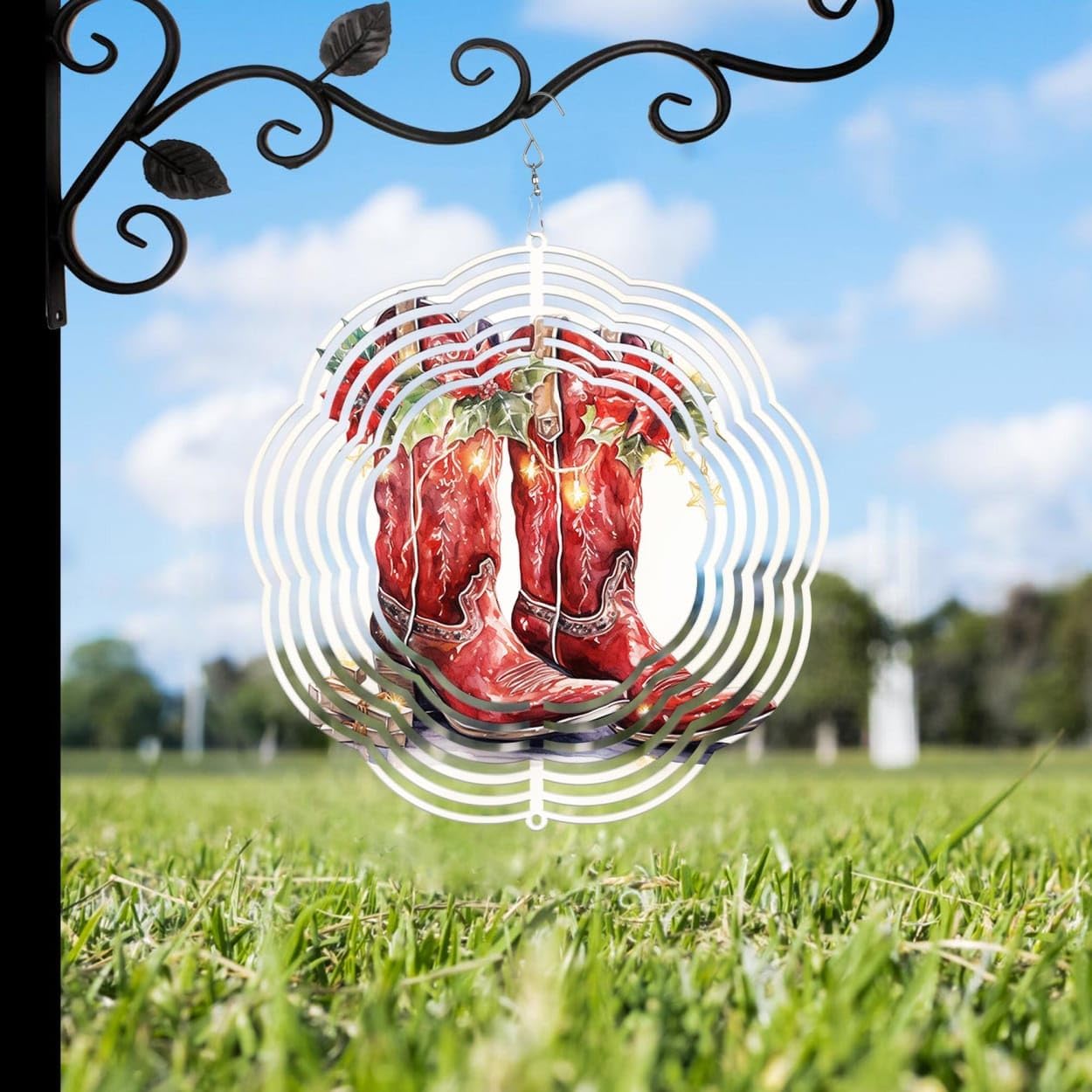 Red Boots Farmhouse Christmas Wind Spinners 3D Stainless Steel Laser Cut Metal Double Sided Printing-Hanging Indoor/Outdoor Decorations Yard Gardening Decor,Metal Kinetic Art 16x16 inches