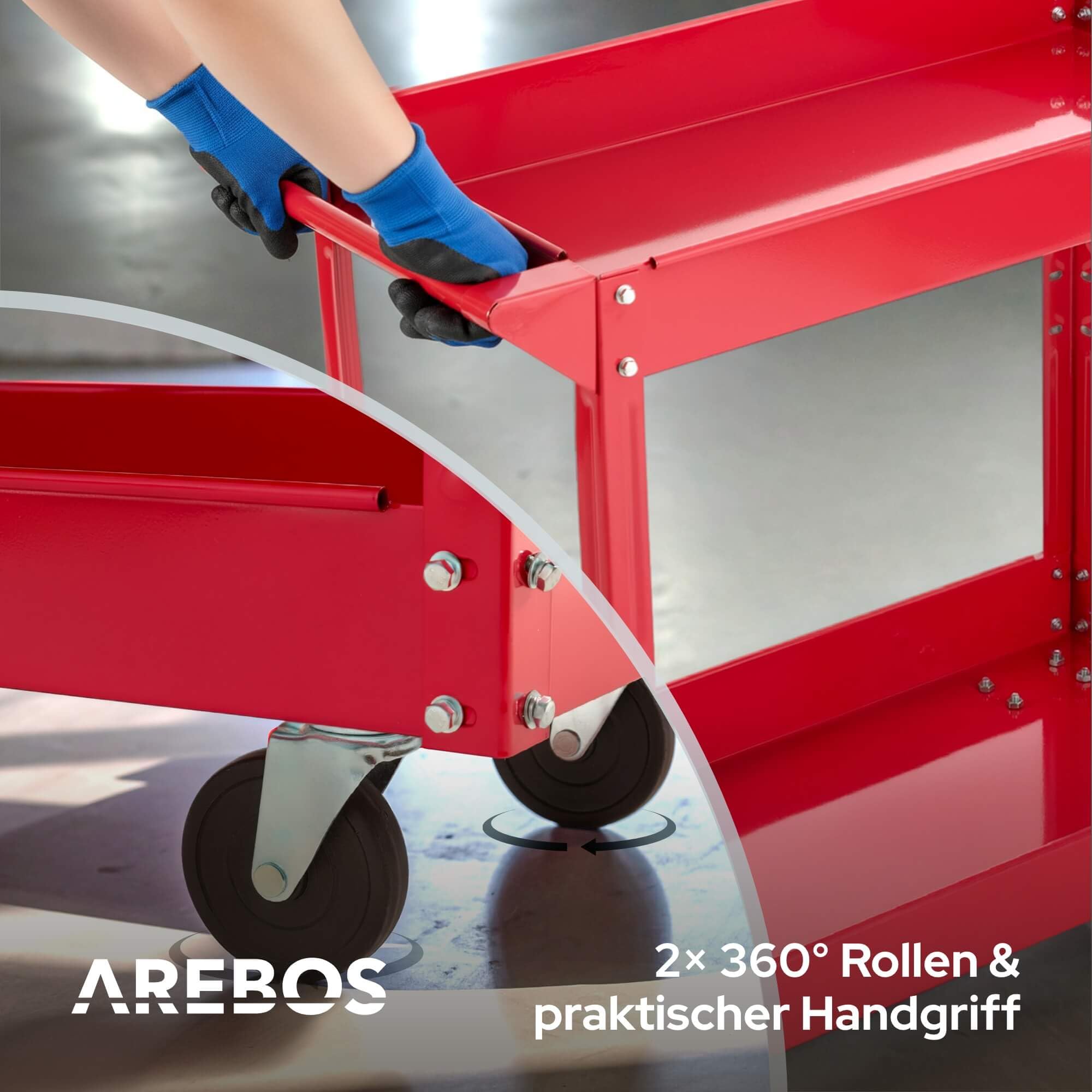 Arebos Werkstatt-Rollwagen | Montagewagen mit 2 Ablagefächern | bis 100 kg belastbar | robuster Werkzeugwagen aus Stahl | Mobile Transporthilfe | für Werkstatt, Garage & Hobbyraum | 2er Set