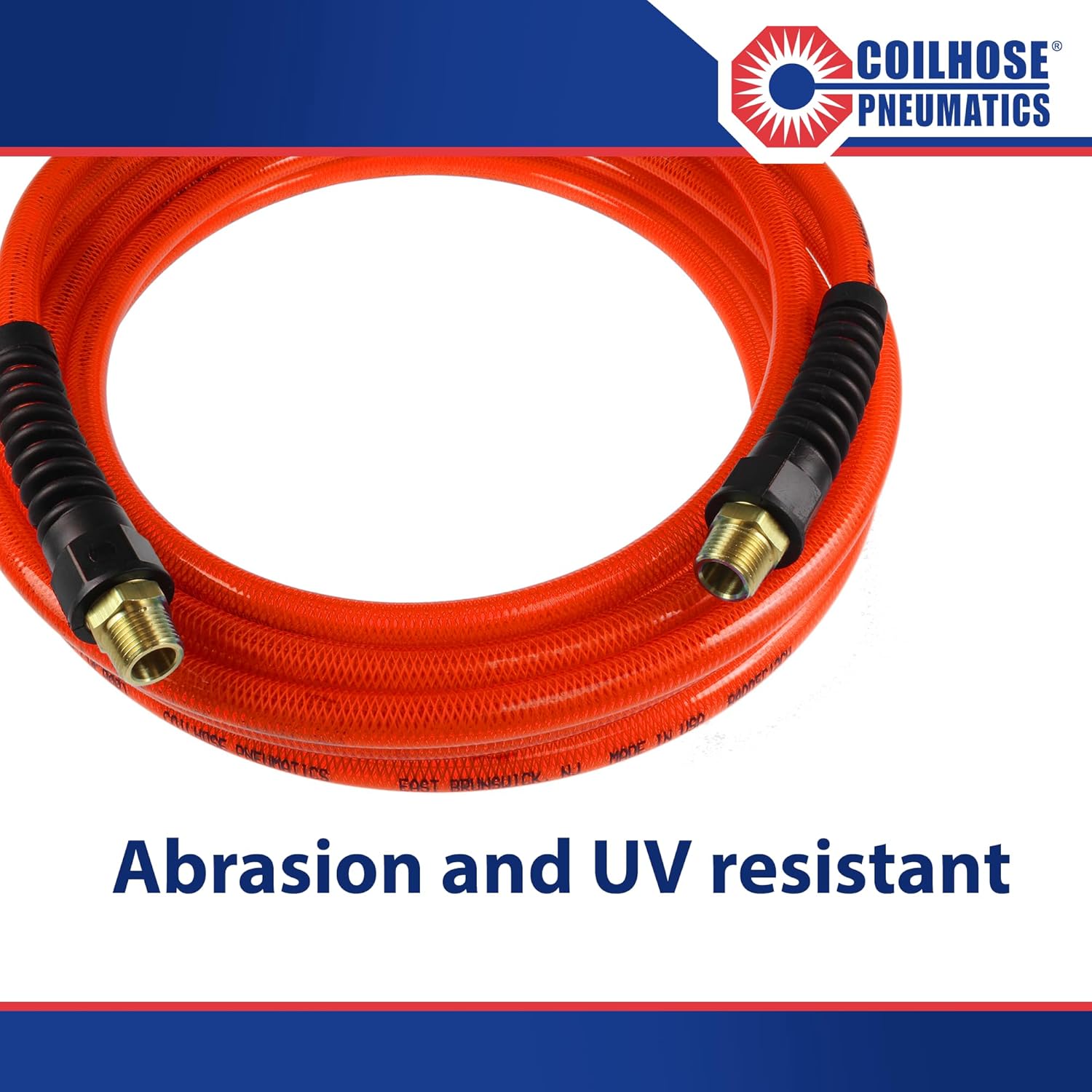 Coilhose Pneumatics PFE60506TR Flexeel Reinforced Polyurethane Air Hose, 3/8-Inch ID, 50-Foot Length with (2) 3/8-Inch MPT Reusable Strain Relief Fittings, Transparent Red