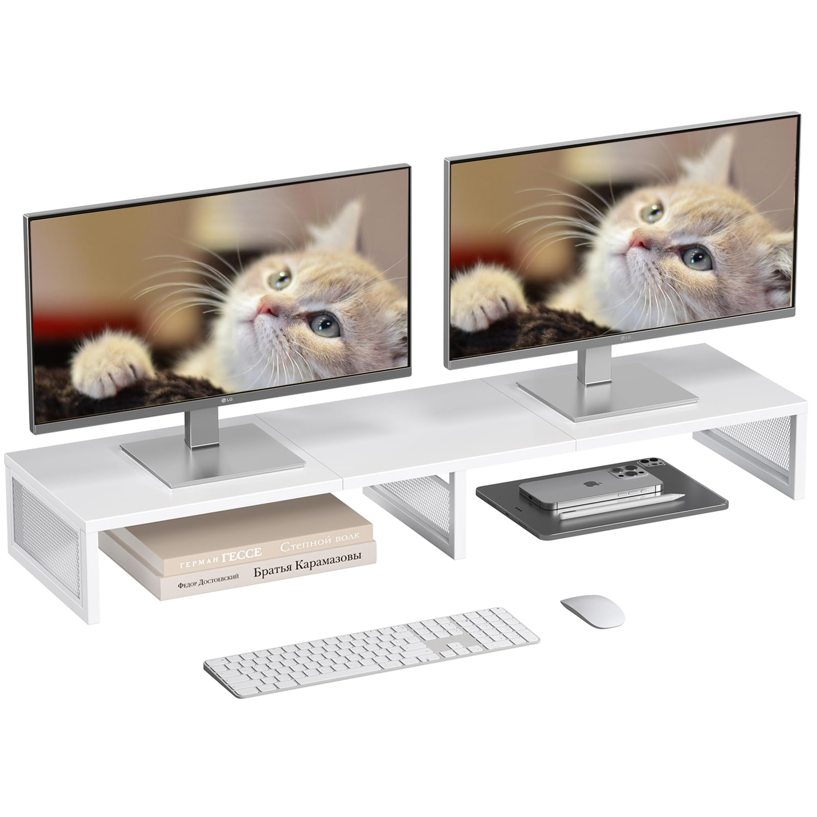Soporte elevador doble para monitor de computadora, organizadores de escritorio y accesorios, soporte para impresora y TV, estante de escritorio, accesorios de escritorio de oficina y