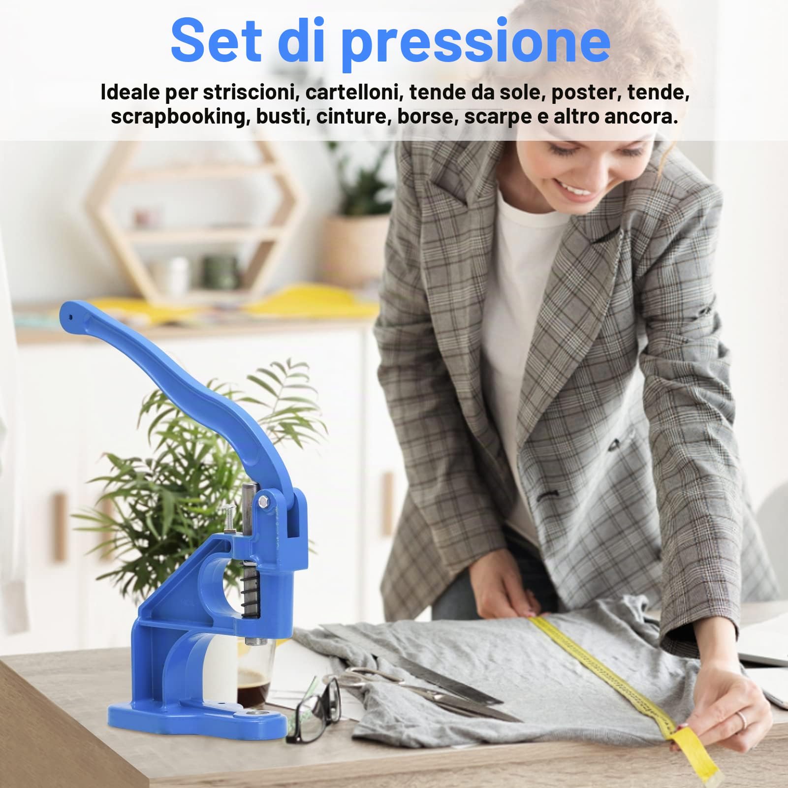 Occhiellatrice Macchina Occhiello Pressatrice, Pressa Occhielli, Macchina per Occhielli, Set di 3 Fustelle E 1500 Occhielli 6/10/12 Mm E 3 Perforatori per Tessuto in Pelle, Rivetti (Blu)