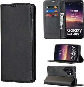 Cavor Phone Case compatible with Samsung Galaxy S23 Ultra Case,Flip Leather Wallet Case,[3 Card Slots][Stand Function][Magnetic] Protective Cover Case - Black