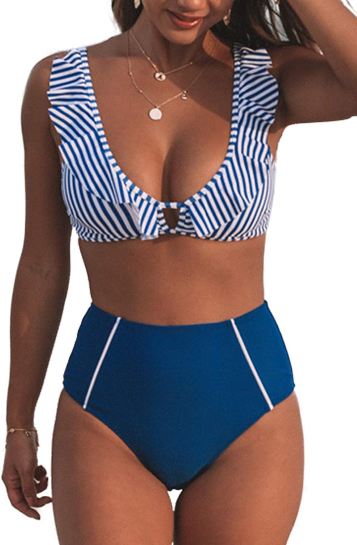 CUPSHE Women's Blue Striped Ruffles High Waisted Bikini Medium