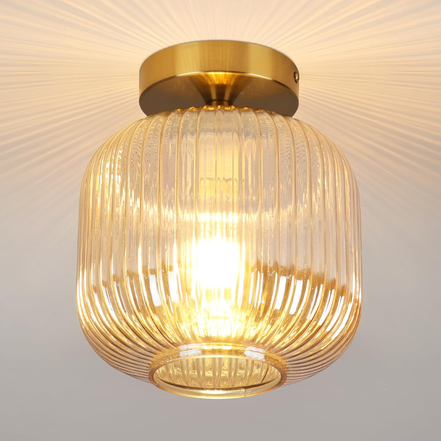 Semi Flush Mount Ceiling Light Fixture, Gold Hallway Lights Fixture E26, Vintage Ceiling Lamp with Amber Shade Glass,Farmhouse Light for Bathroom Entryway Laundry Room, Bulbs not Included