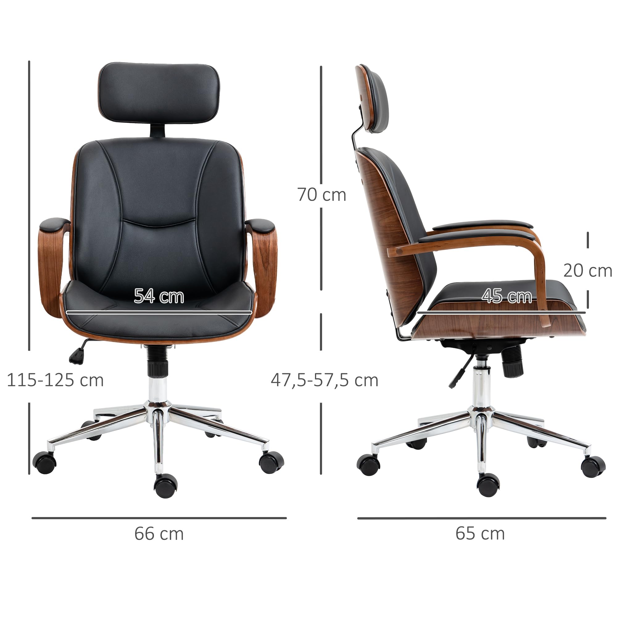 Vinsetto Silla de Oficina Ergonómica Silla de Escritorio Giratoria de Cuero PU con Reposacabezas Extraíble Altura Ajustable y Función de Inclinación 63x62x110-120 cm Negro