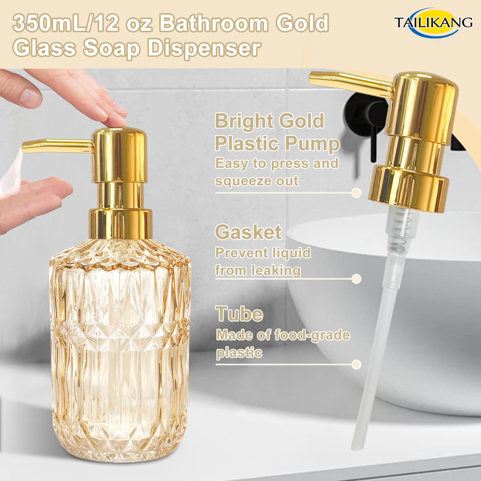 Set di accessori da bagno in vetro dorato, set completo di 5 accessori da bagno, decorazione moderna per il bagno con dispenser di sapone, piatto, portaspazzolino, bicchiere, bastoncini di cotone