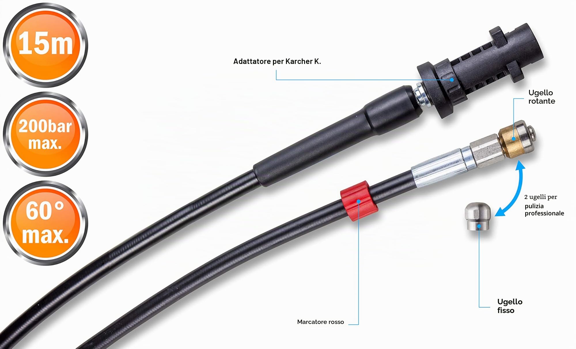 Sonda Sturatubi per Idropulitrice 15m 200 bar - Sonda Spurgatubi Compatibile con Karcher, Parkside, Lavor, Bosch Professional - Ugello Fisso, Ugello Rotante KNOFER