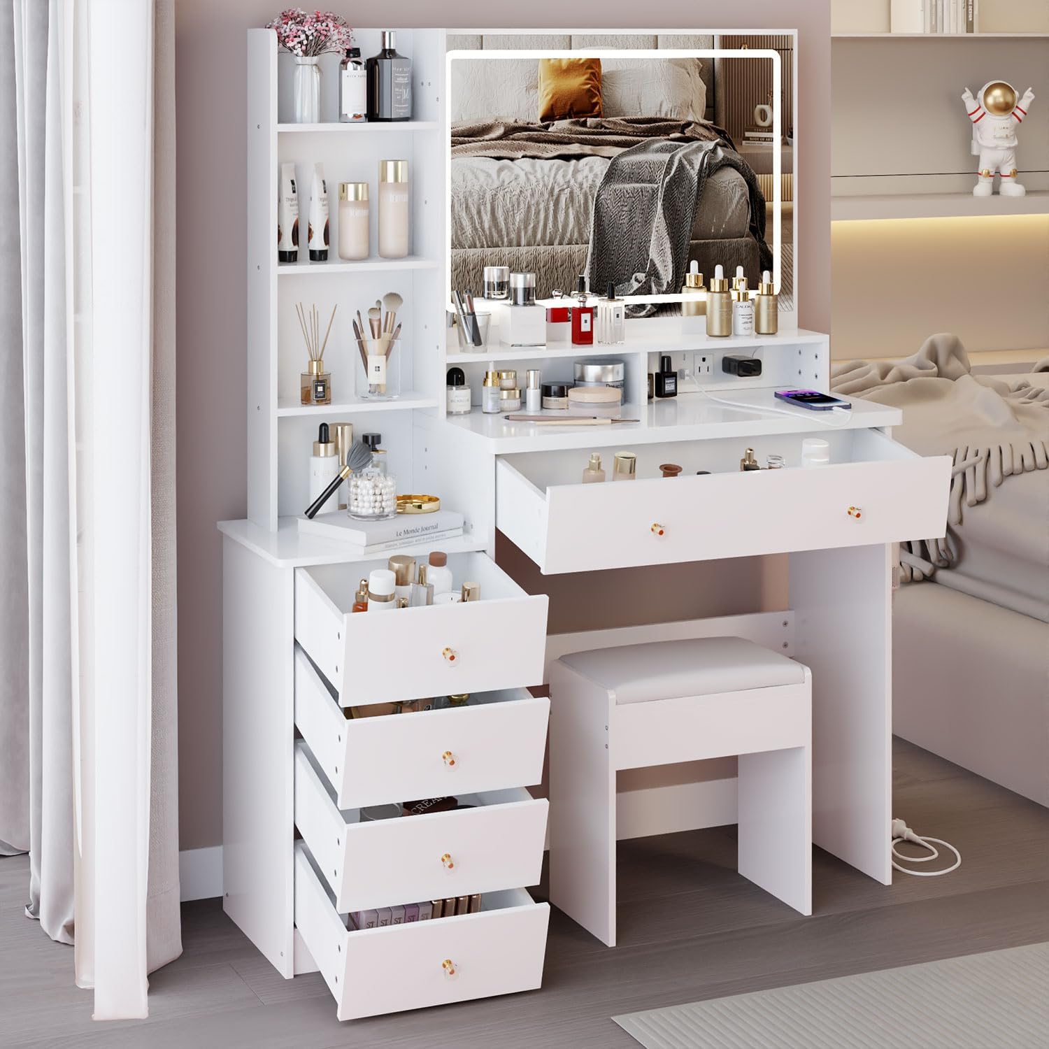 Makeup Vanity Desk with LED Lighted Mirror & Power Outlet, Table Set Drawers Cabinet, Cushioned Stool, Touch Control Large 3 Lights Modes, Dressing for Bedroom,White (White)