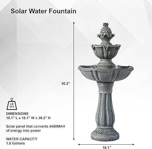 Miniatura 3 de XBrand Fuente de agua solar de 36.2 pulgadas, 2 niveles, resina gris, para exteriores, con panel solar y bomba solar para decoración del hogar,