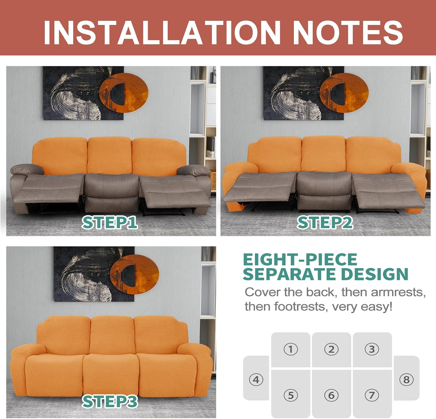 Knitting Recliner Cover, Stretch Fitted Recliner Chair Cover Soft Thick Cover for Recliner Chair for Living Room -Black-8 Pieces