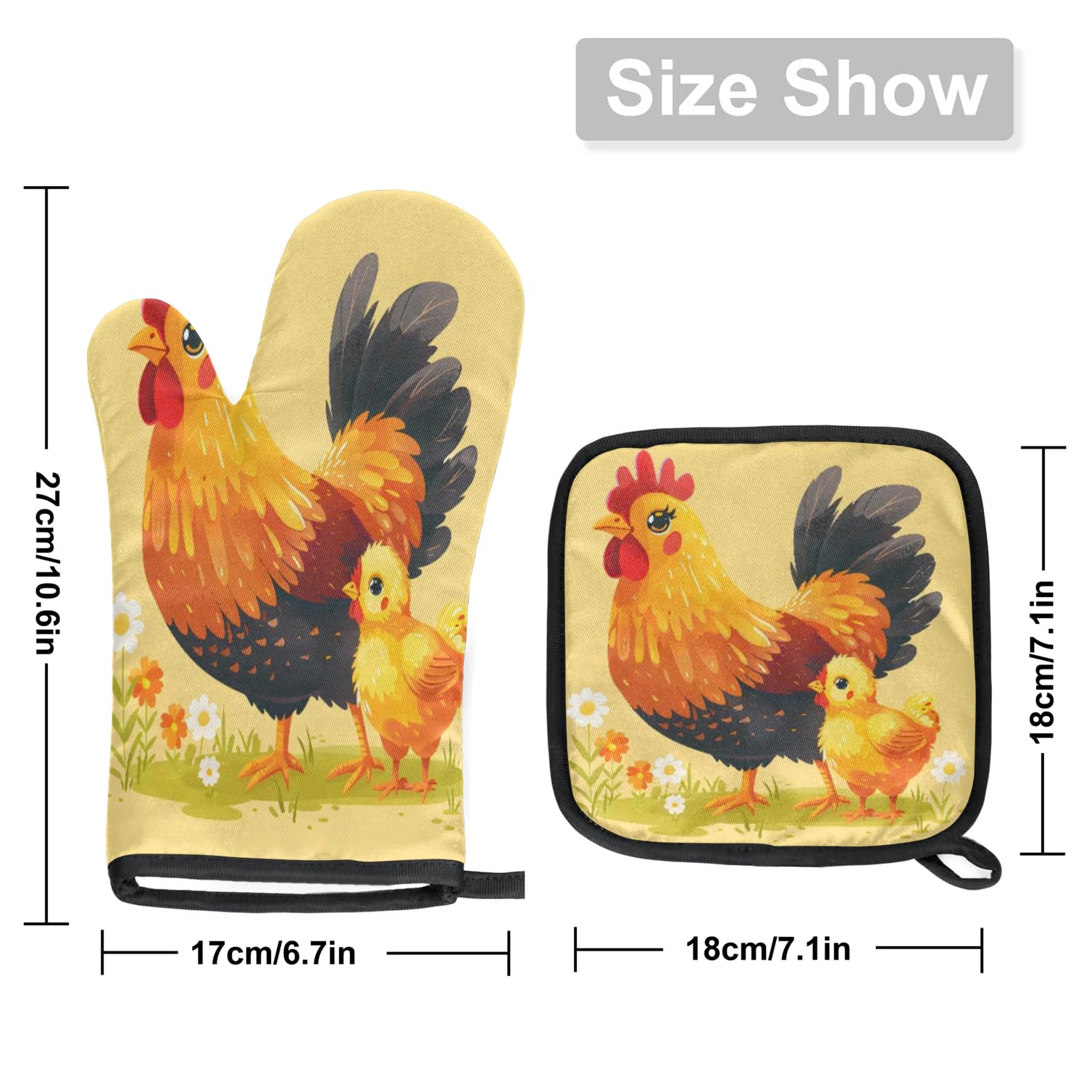 Meadow Flower Rooster Oven Mitts Kitchen Oven Gloves for Cooking Baking Heat Proof Lining Cotton Kitchen Potholder Mittens Pot Holders Hot Pads for Chef Women Men