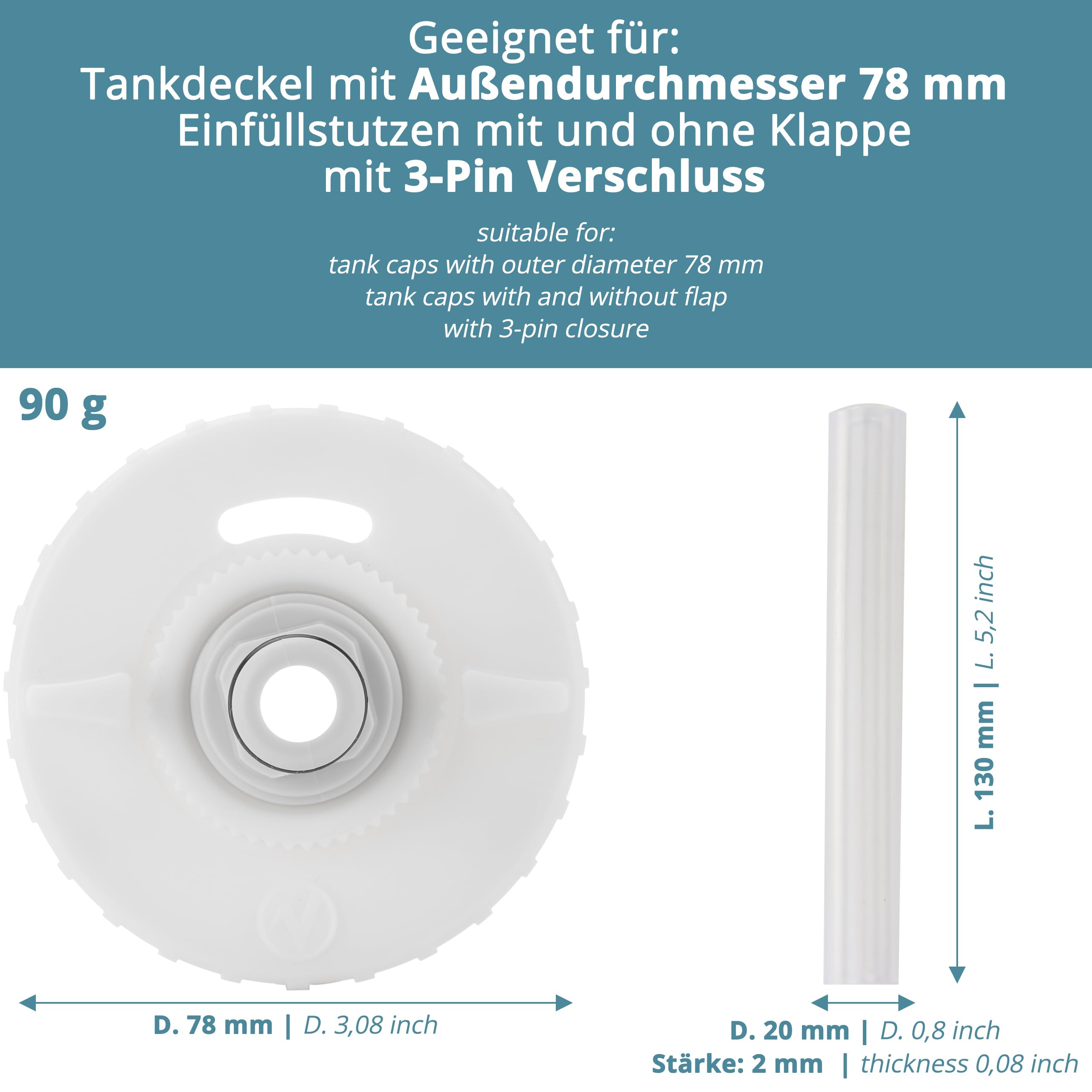 tappo per serbatoio dell' acqua – 3 perni diametro 78 mm – bianco – per camper con tubo per il bocchettone dell'acqua +Plus: adattatore per tubo dell'acqua