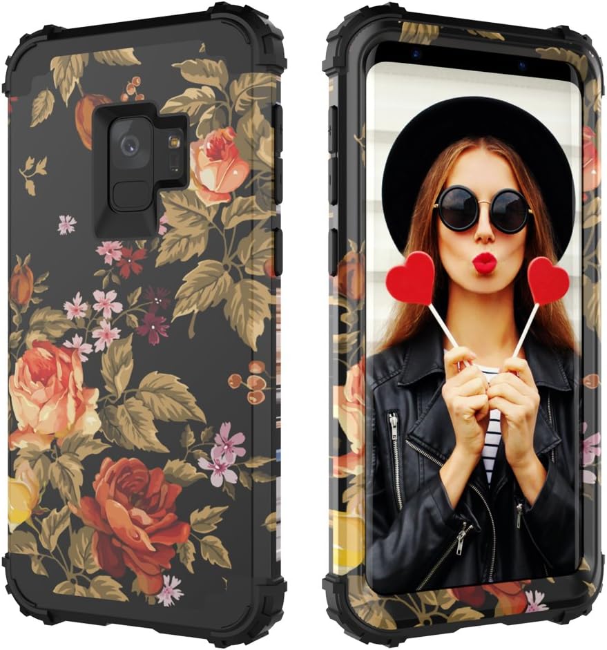 3 in 1 Shockproof Heavy Duty Full-Body Protective Cover for Samsung Galaxy S9 2018 Release Flower