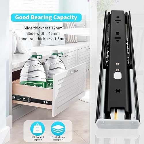 Miniatura 4 de YENUO Diapositivas de cajón de cierre suave, montaje lateral de extensión completa de 12, 14, 16, 18, 20, 22, 24 pulgadas, rodamientos de bolas,