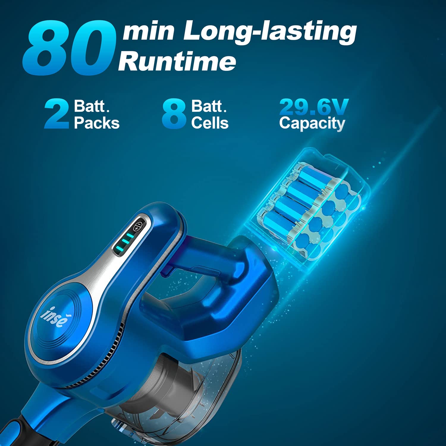 INSE Cordless Vacuum Cleaner, Up to 80min Runtime Rechargeable Stick