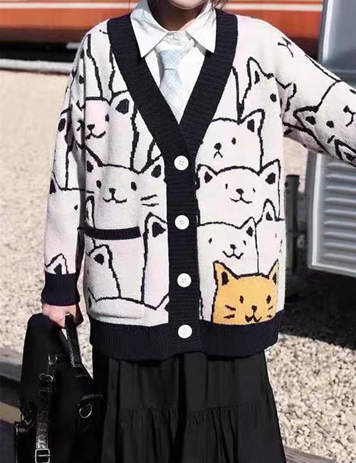 Arssm Cat Sweater for Women Oversized Button Down V Neck Knit Cardigan Cute Kawaii Cartoon Print Sweater Fall Clothes - Image 4