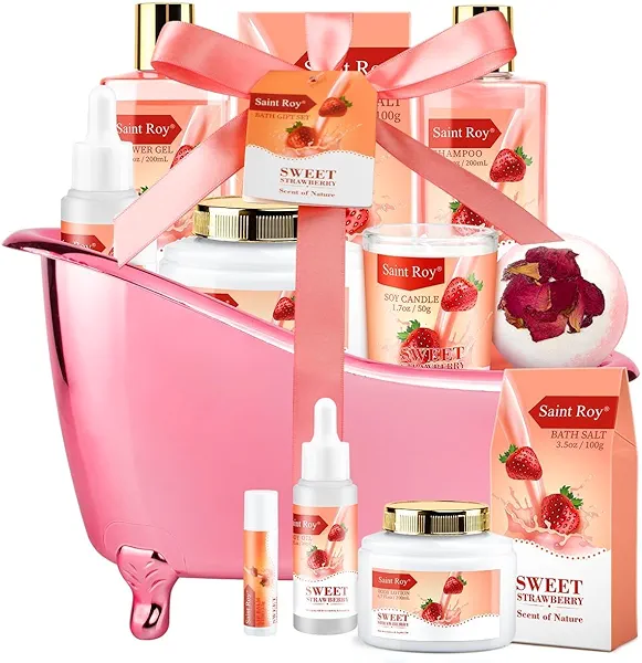 Spa Kit for Women, Bath & Body Gift Set, Luxury Home Spa Bath Gift Basket, Strawberry Scented Bath Set Rich in Jojoba Oil Shea Butter Lotion, Pamper Gifts for Women & Teens, Birthday Gift
