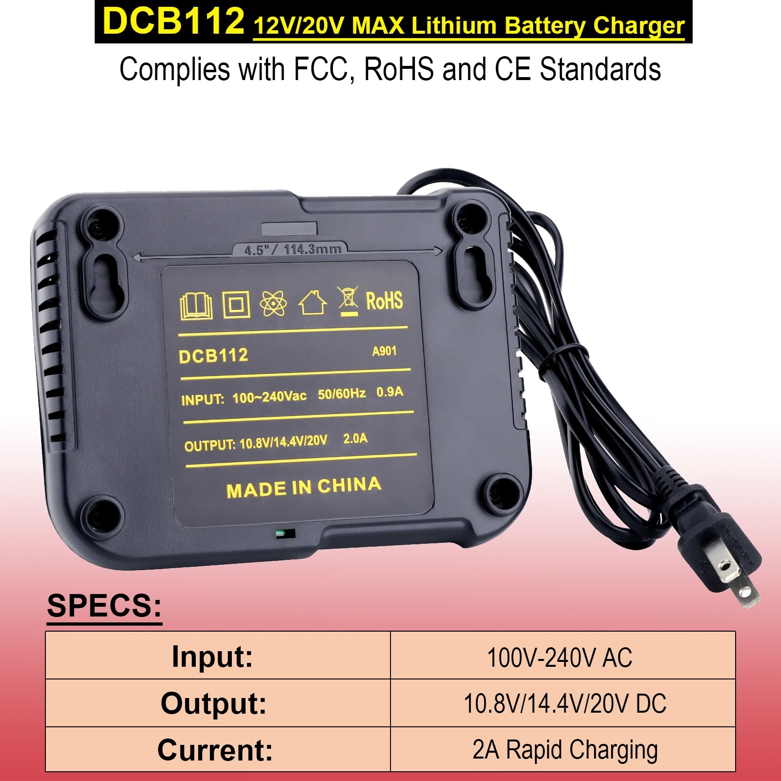 DCB112 Chargeur de rechange 2,0 A compatible avec chargeur de batterie Dewalt 20 V MAX, compatible avec les batteries Dewalt Tool DCB200 DCB201 DCB203 DCB204 DCB606 DCB609 DCB120 12 V 14,4 V 20 V/60 V