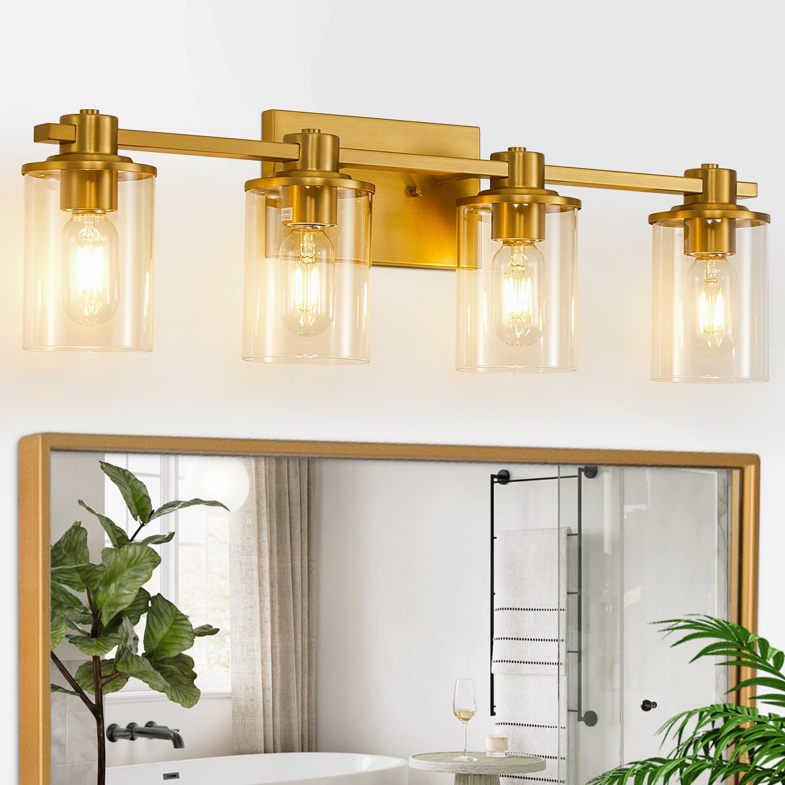Eatich Bathroom Light Fixtures, Modern 4-Light Brushed Gold Vanity Light, Brass Sconces Wall Lighting with Clear Glass Shade, Bath Wall Lamp for Mirror Living Room Bedroom Hallway