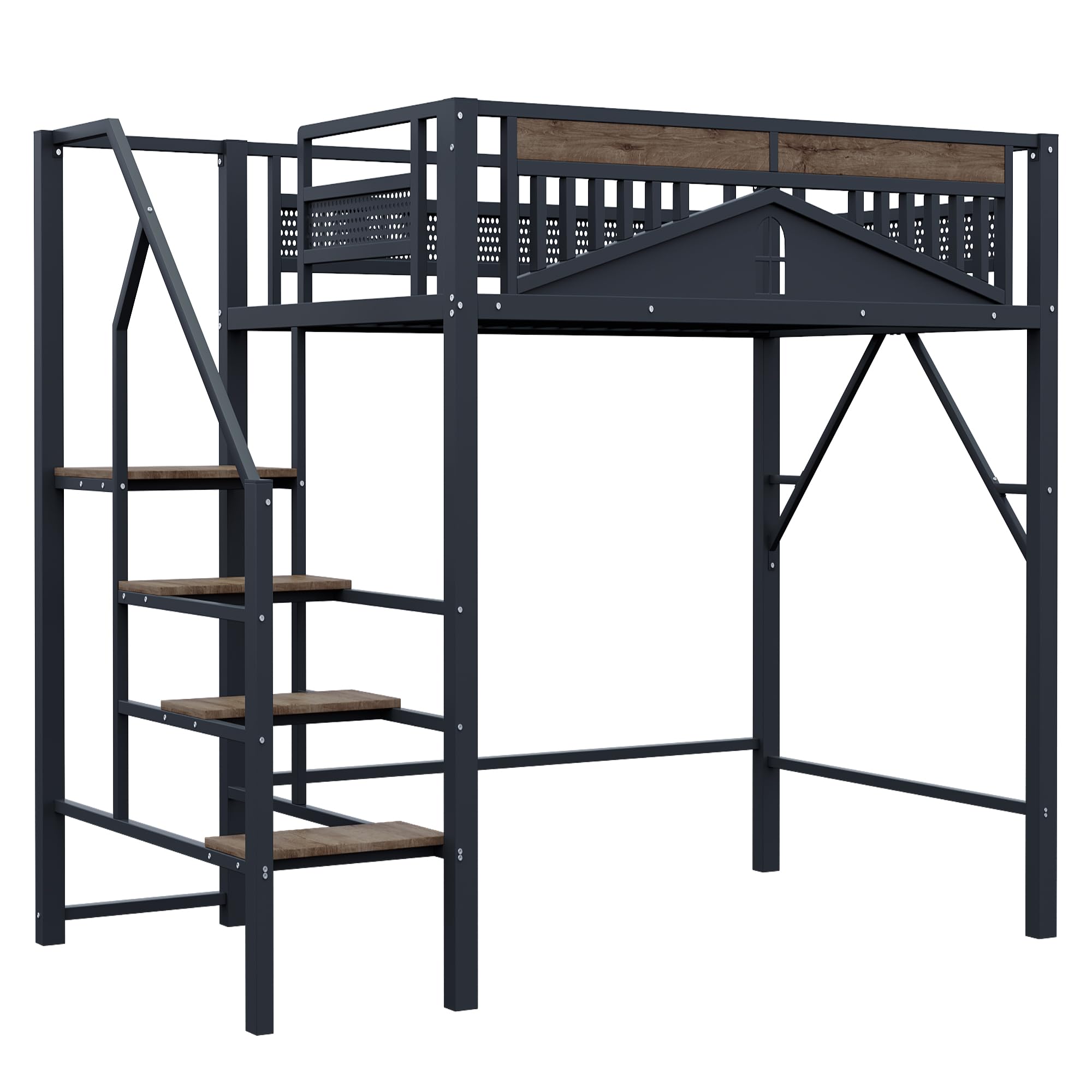 SACOOL Cama alta de metal de 140 x 200 cm, forma de carcasa única con diseño de ventana, con escalera de seguridad, mucho espacio debajo de la cama, color negro