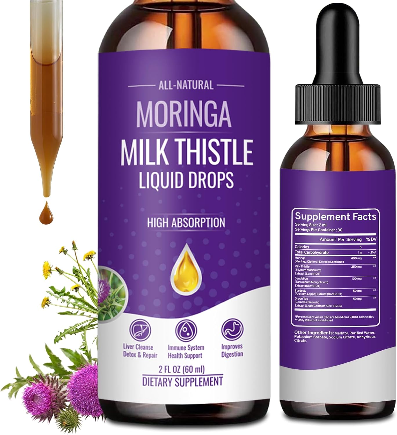 Product image of Moringa Milk Thistle Liquid Drops-Liver Support Supplement-Liver Cleanse Detox Formula, Vegan, Non-GMO and All-Natural- with Burdock, Green Tea & Dandelion