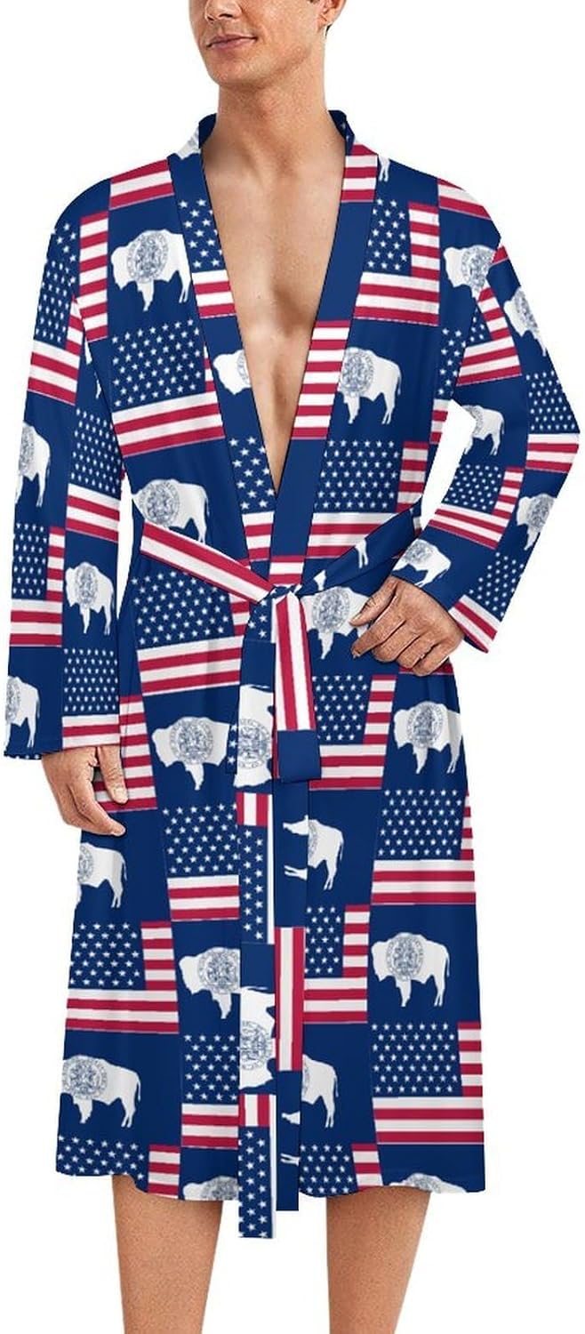 Flag of Usa And Wyoming Mens Robe Long Bathrobe for Women Bath Robes Lightweight Soft Printed Sleepwear