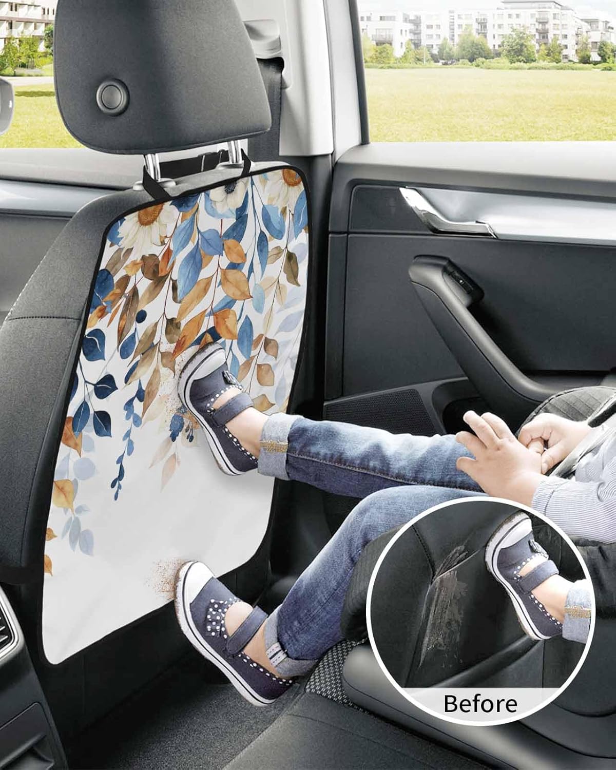 Car Seat Protector, 2 Pack Kick Mats Back Seat Protector Fall Eucalyptus Leaf Blue and Burnt Orange Leaves Sunflower Waterproof Backseat Cover for Kids Universal Fit Automotive Interior Protectors