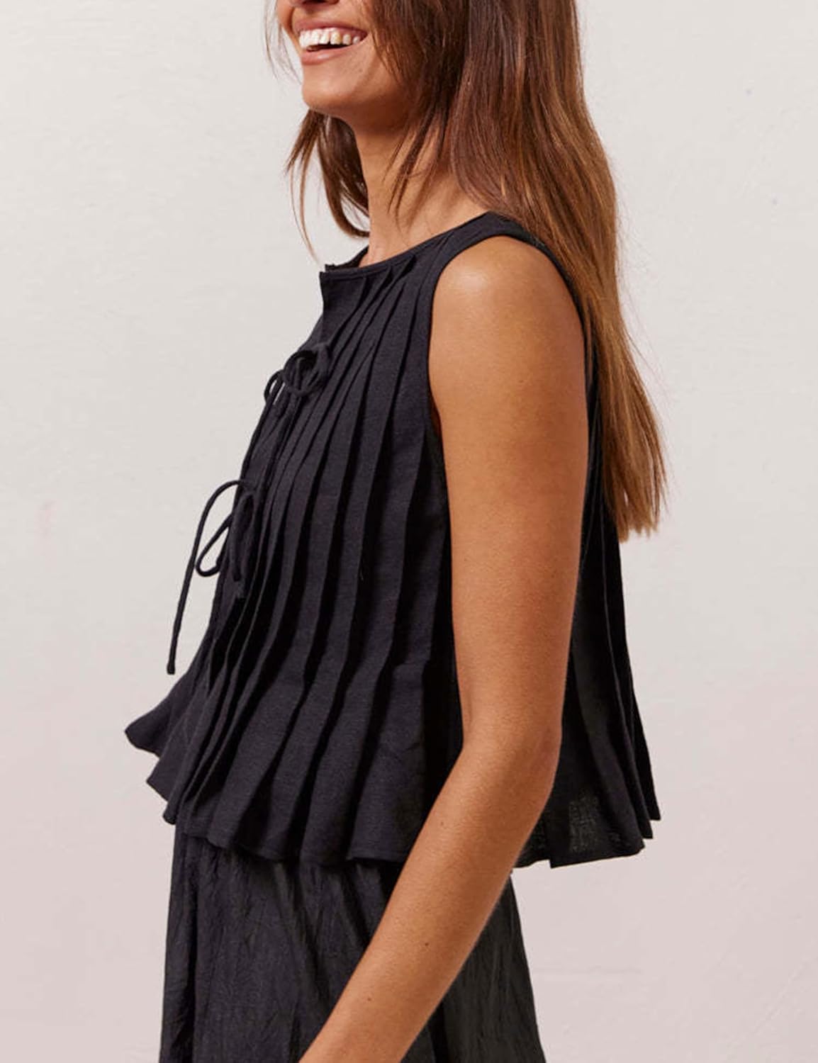 Zontroldy Women's Linen Tie Front Shirts Sleeveless Y2K Babydoll Ruffle Tank Top Aesthetic Clothes - Image 5