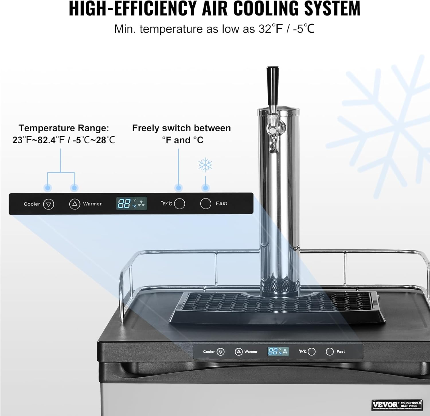 VEVOR Beer Kegerator, Single Tap Draft Beer Dispenser, Full Size Keg Refrigerator With Shelf, CO2 Tank(No Gas), Drip Tray & Rail, 23°F- 82.4°F Temperature Control, 162L, Silver