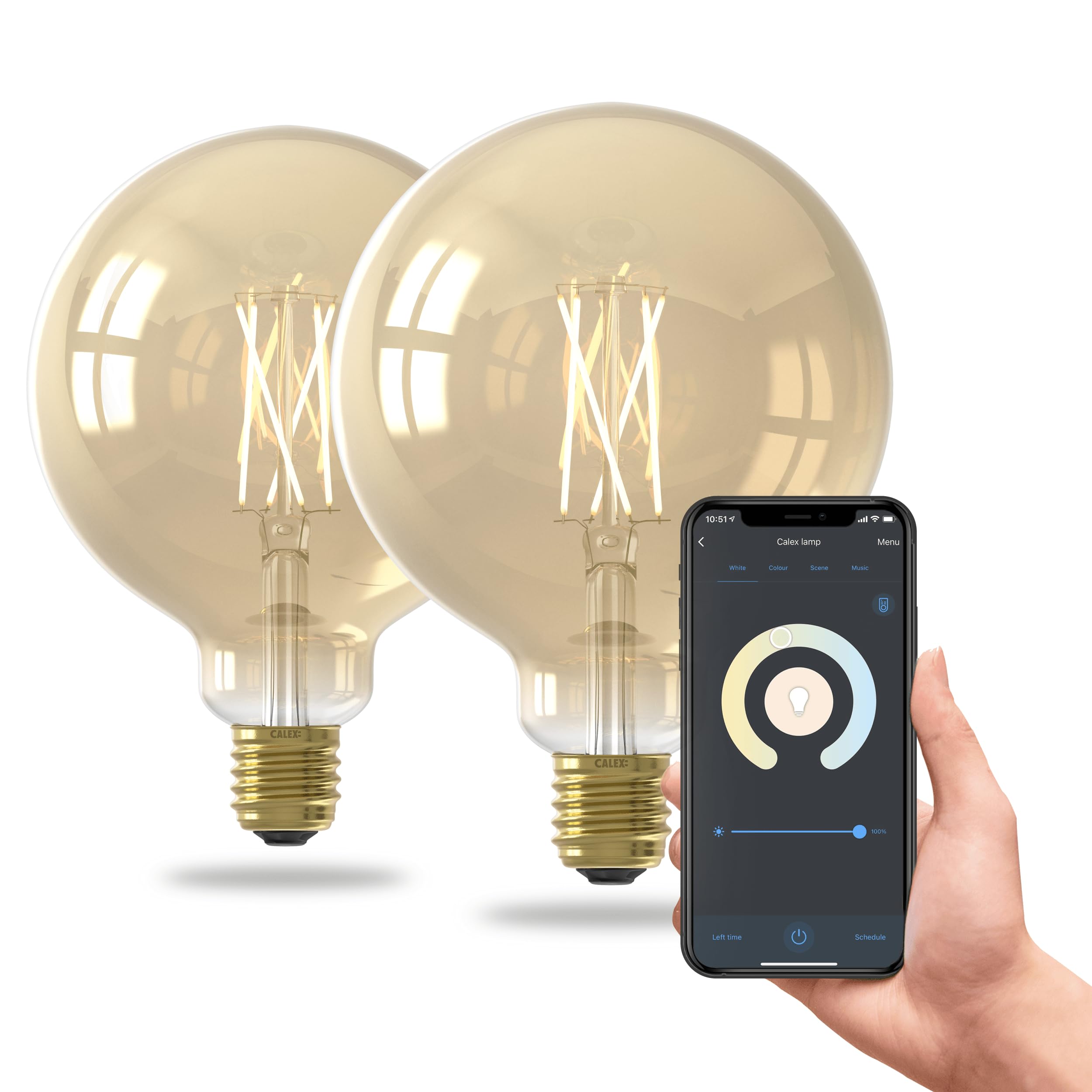 CALEX Lampadina LED Smart, E27, G125, Filamento Oro, luce calda, Dimmerabile, controllo app Wi-Fi & vocale, Confezione da 2