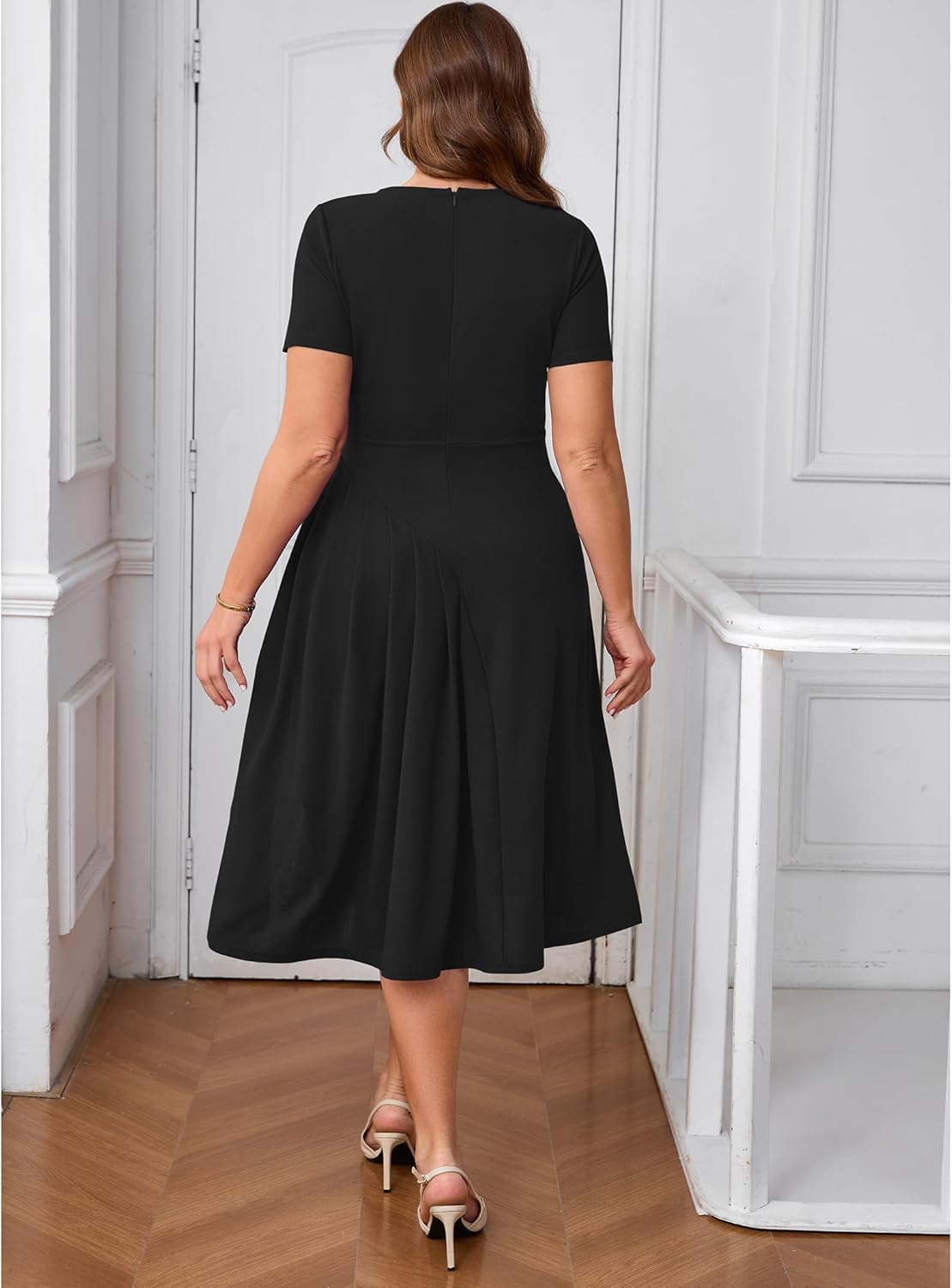 Ekaliy Womens Vintage Short Sleeve Midi Dress Pleated Flowy A Line Dres Elegant Church Dresses - Image 6