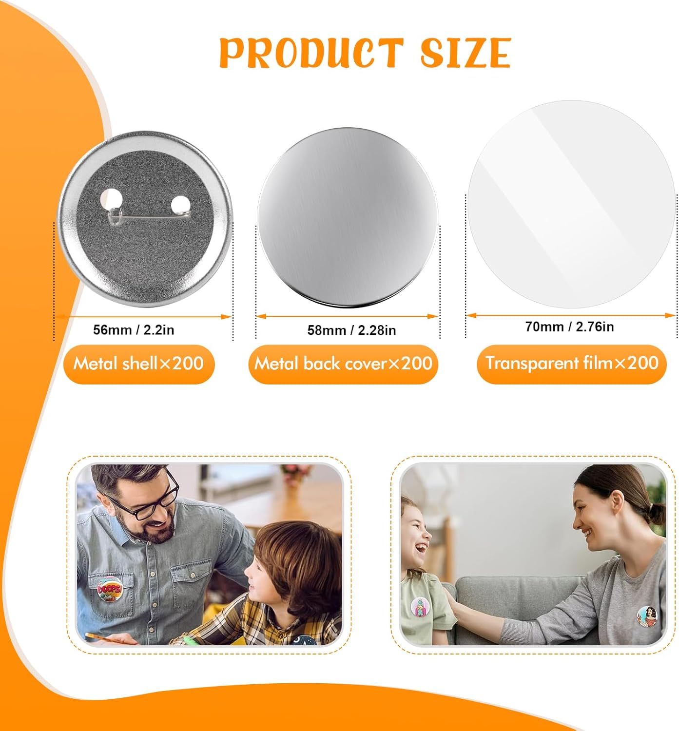 200Pcs Button Maker Supplies, 25mm 32mm 58mm Button Supplies Badge Part with Metal Back Cover, Metal Shells, Transparent Film (58mm/2.25in)