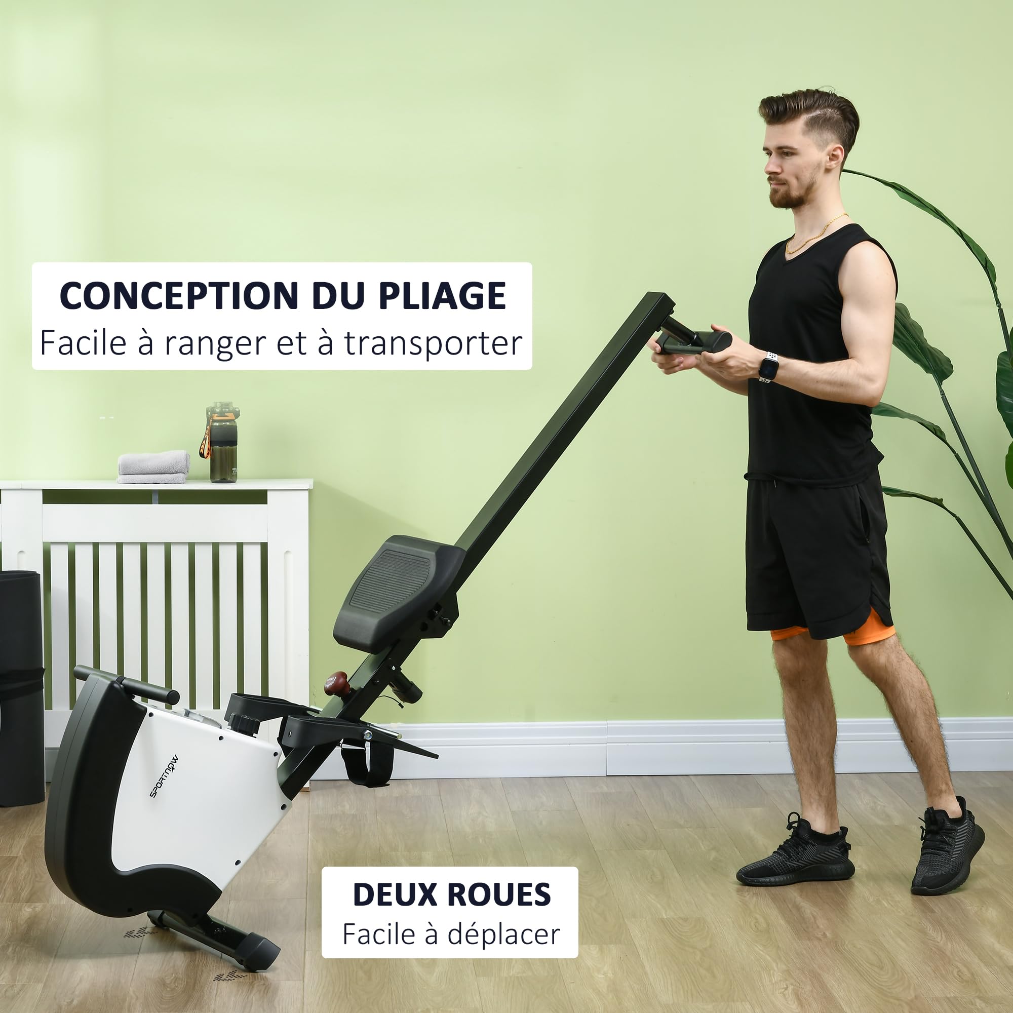 SPORTNOW Rameur d'appartement Pliable, Aosom.FR x FFHandball, avec freinage magnétique Silencieux, 8 Niveaux de résistance, écran Multifonction LCD, en Acier Noir Blanc