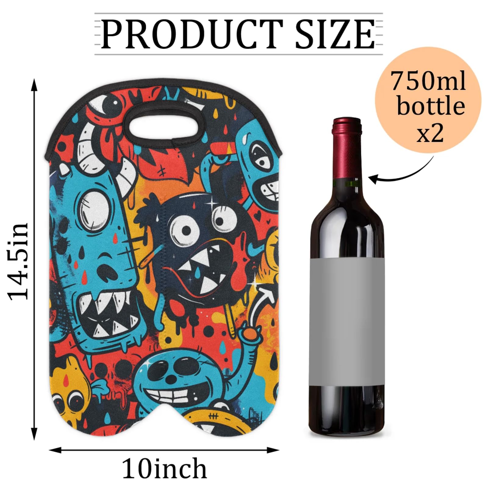 GzLeyigou 2 Bottles Monsters Wine Bag Sleeve Totes Neoprene Protective Wine Carrier Bag for Wine,Water, Champagne, Beer, Baby Bottles,Gift 14.5 x 10 Inches