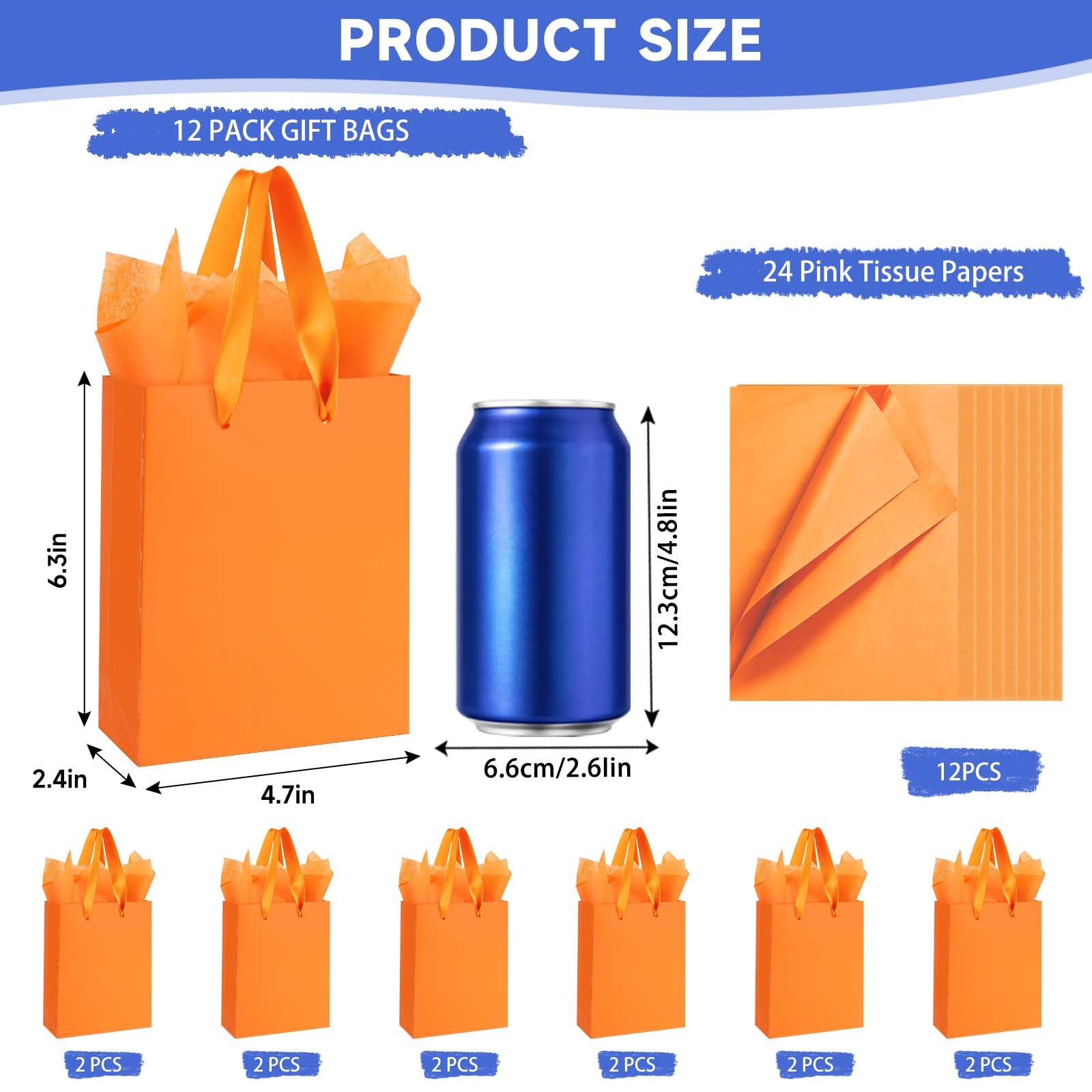 Ethhqu 12-Pack Orange Small Gift Bags with Handles - Includes 24 Tissue Papers, 6.3x4.7x2.4 Inches Mini Gift Card Bag for Birthday Party, Baby Shower, Wedding, Holiday