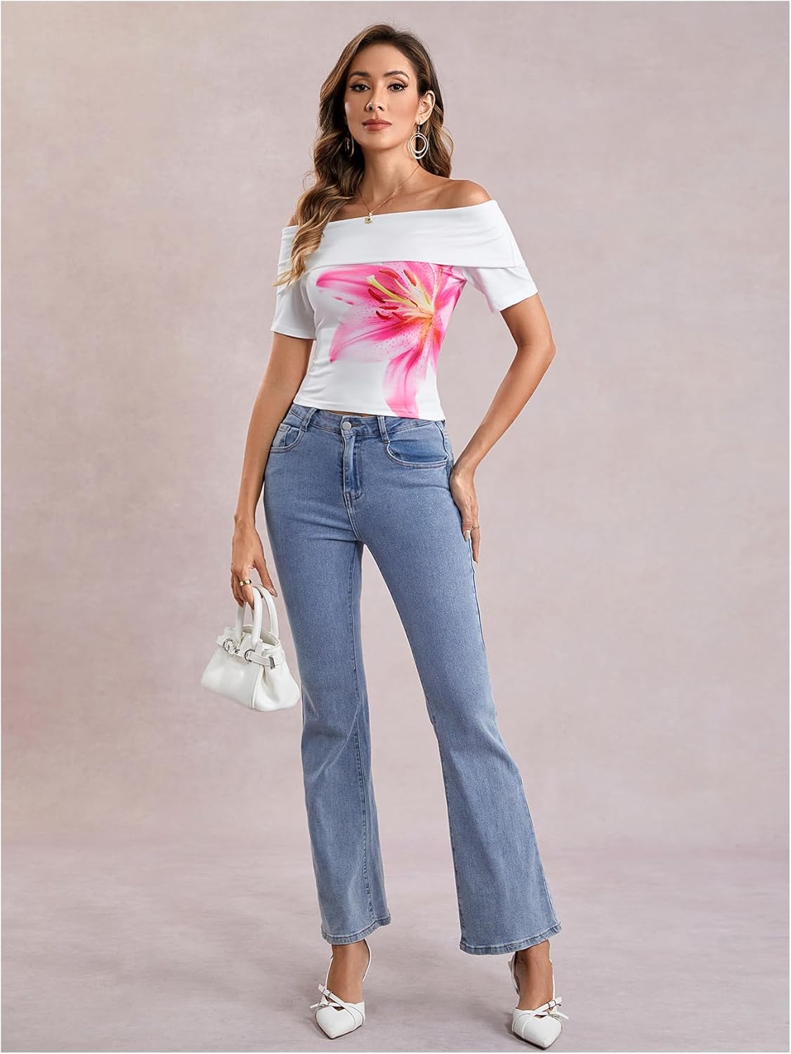 Women's Off Shoulder Crop Tops Short Sleeve Foldover Floral Going Out Shirts - Image 3