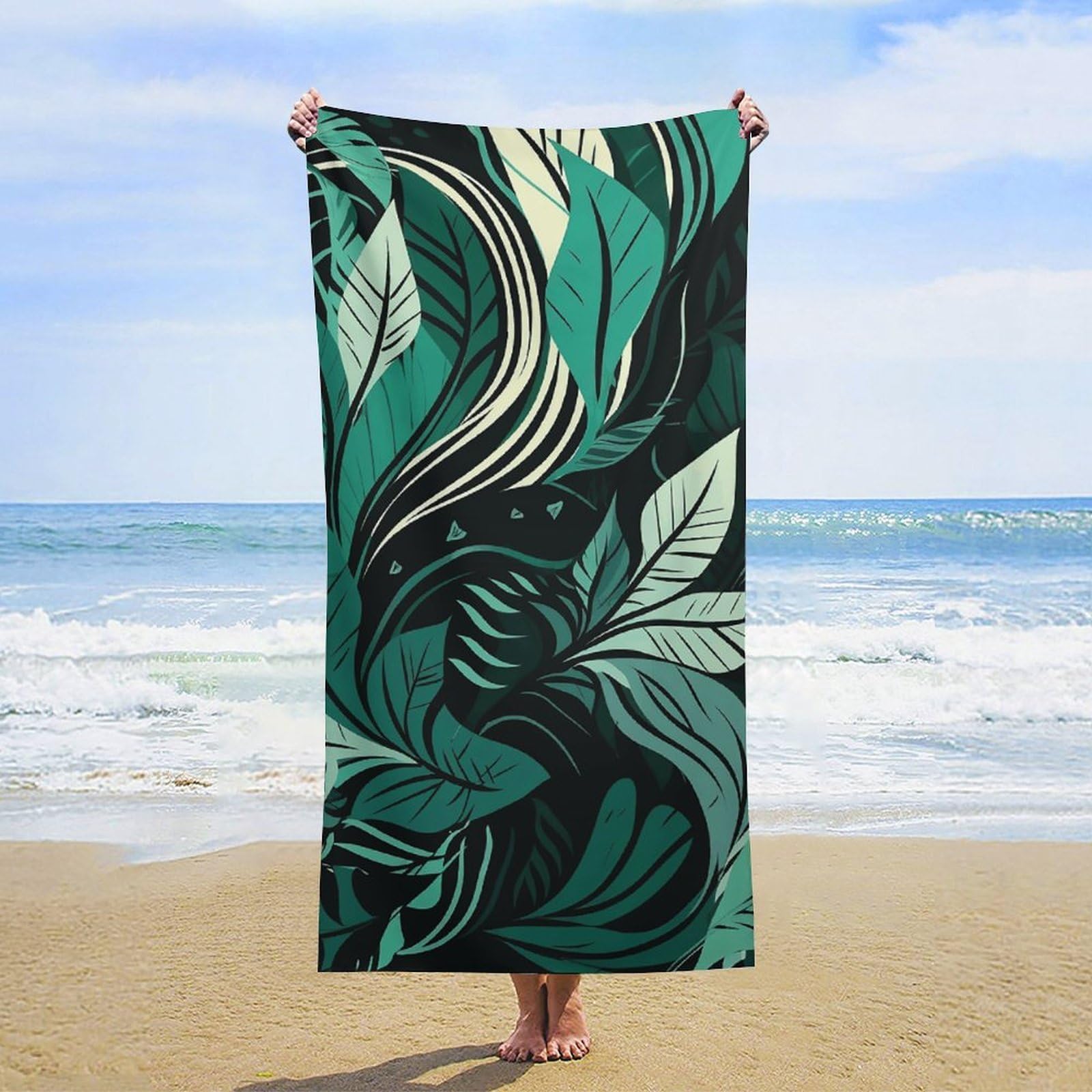 NTVOWPZO Green Tropical Leaves Beach Towel Oversized Microfiber Bath Towels Lightweight Sand Proof Beach Towels Absorbent Pool Towels for Swimming Yoga Bathroom Towel 31.5" X 63"
