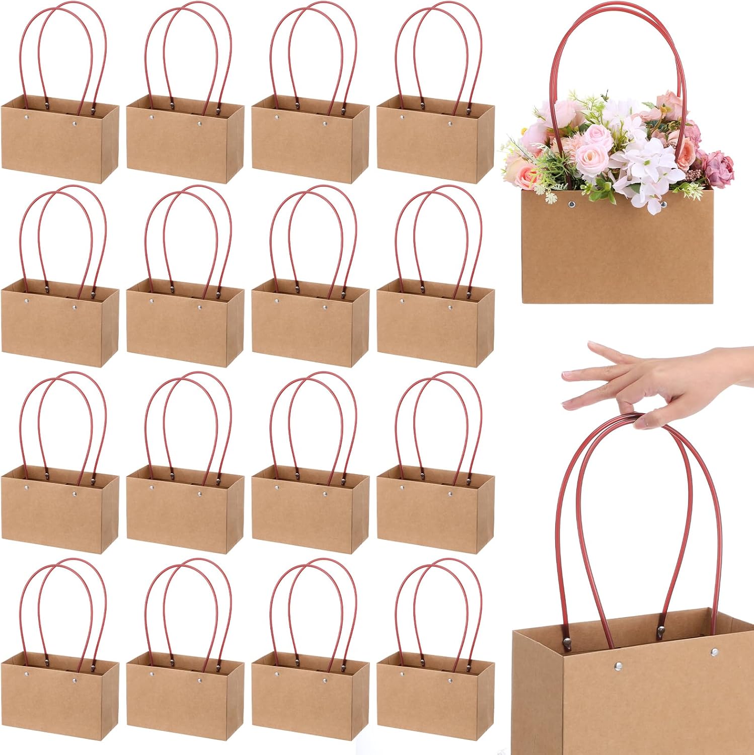 Limbeuuu 16-Pack Brown Paper Flower Gift Bags, Brown Bouquet Bag Box with Handle, Small Paper Carrier Tote Bags with Waterproof Lining for Floral Arrangements, Party Favor, Ultra Thick