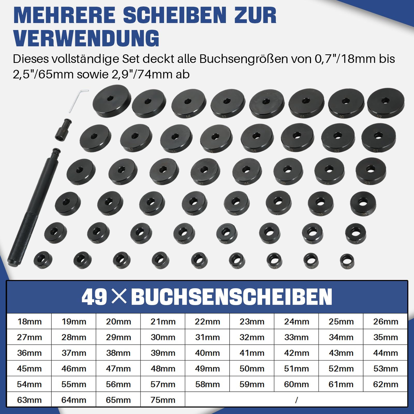 DASBET 52 TLG Radlager Werkzeug Satz 18–65 mm, Lagerpresse Druckstück Treibsatz mit Montagescheiben für Radlager, Buchsen, Simmerring, Lagerschalen & Gummilager Kfz Montage Demontage