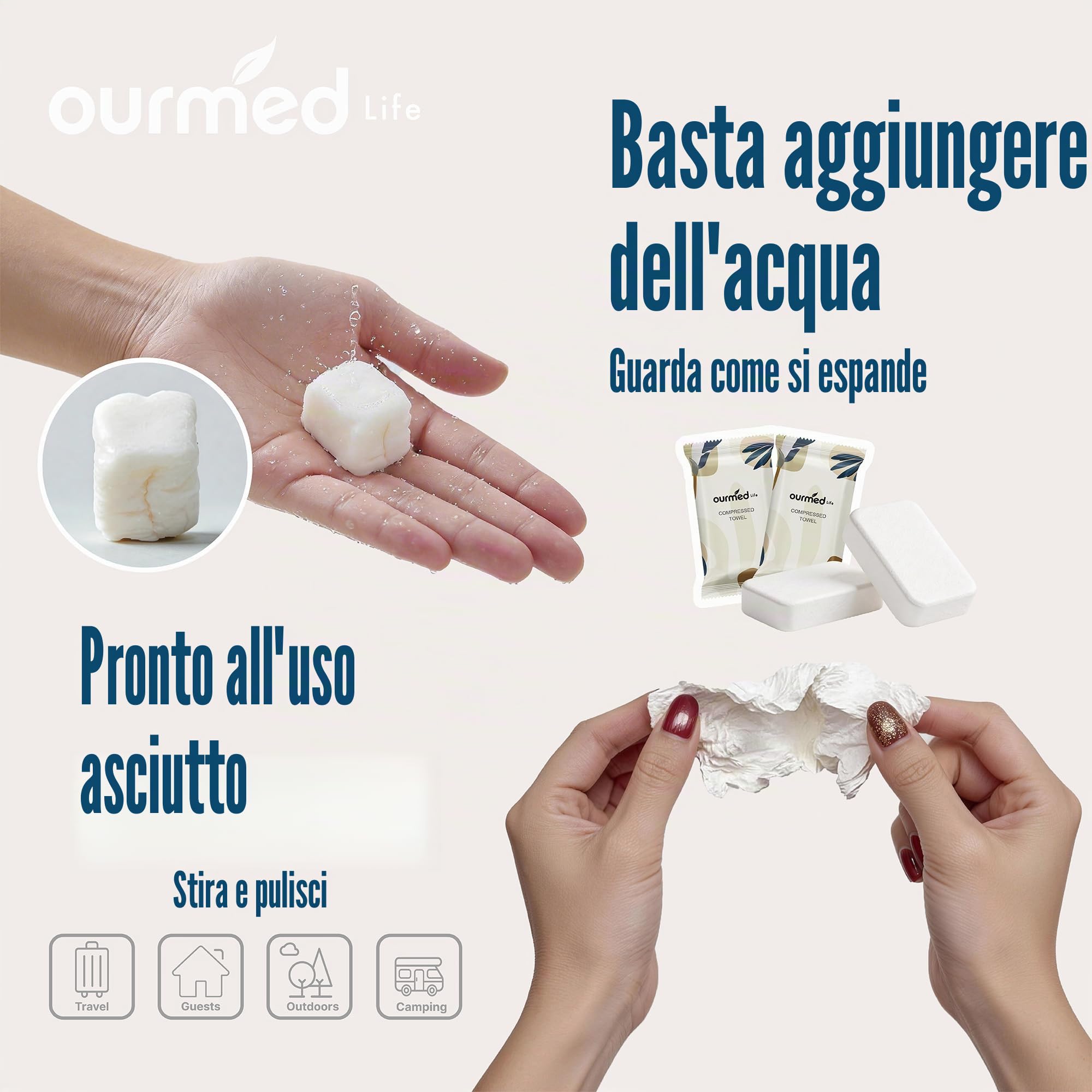 Asciugamani compressi Ourmed Life – Asciugamani monouso portatili, si espandono rapidamente con l'acqua, morbidi e privi di pelucchi, 30 x 25 cm, ideali per viaggi, campeggio, trekking (56 pezzi)