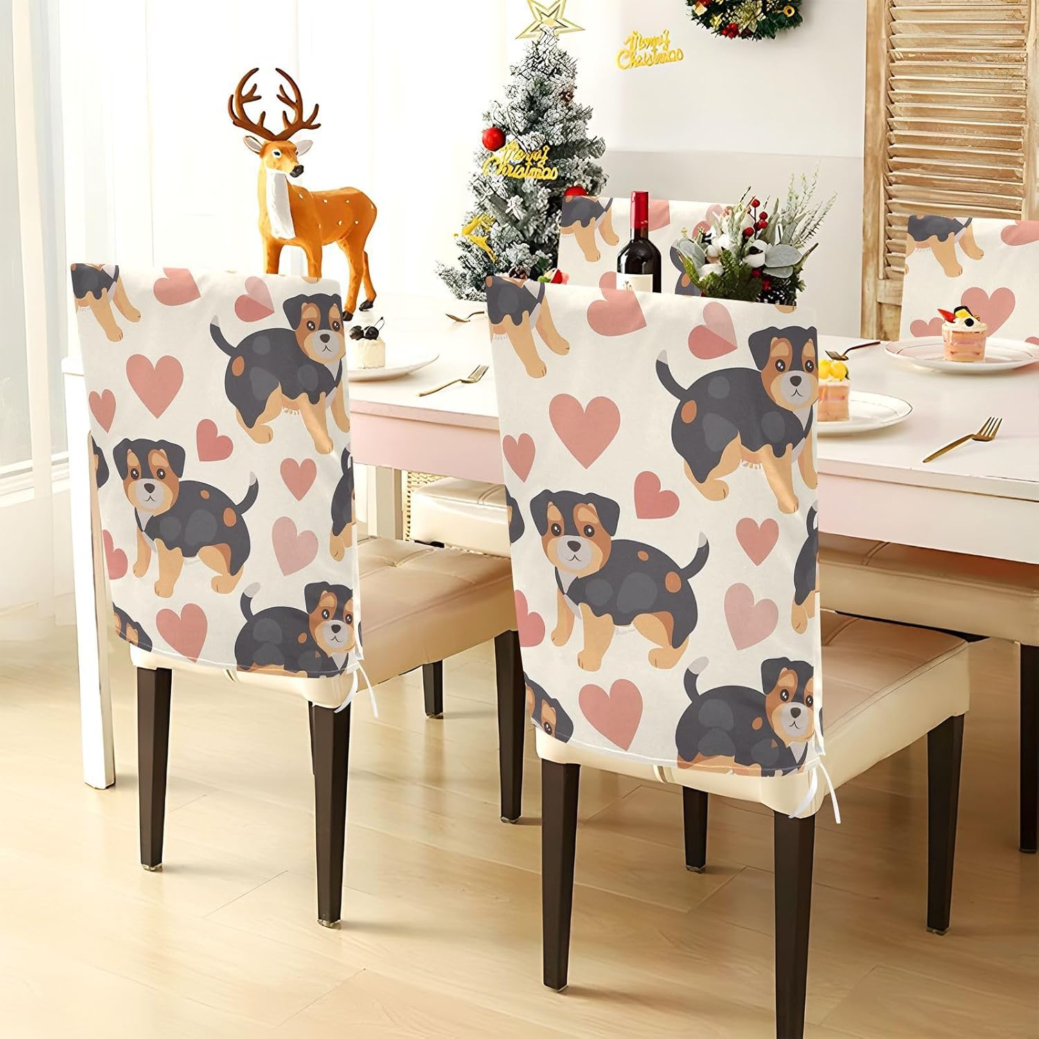 ALAZA Cute Puppy Hearts Chair Back Cover Set of 6, Washable Reusable Removable Chair Slipcovers Decorative Chair Cover for Home Kitchen Wedding Party