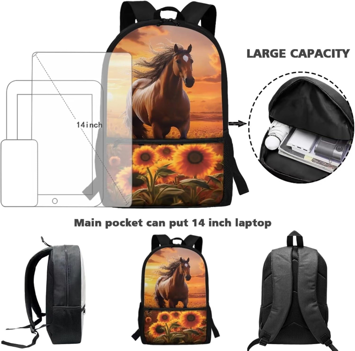 Horse Backpack with Lunch Box Kids Girls Elementary/Middle School Bag Sunflower Bookbag Lunch Bag Pencil Case Water Bottle Holder Back Pack Back to School Daycare Bag 4 In 1