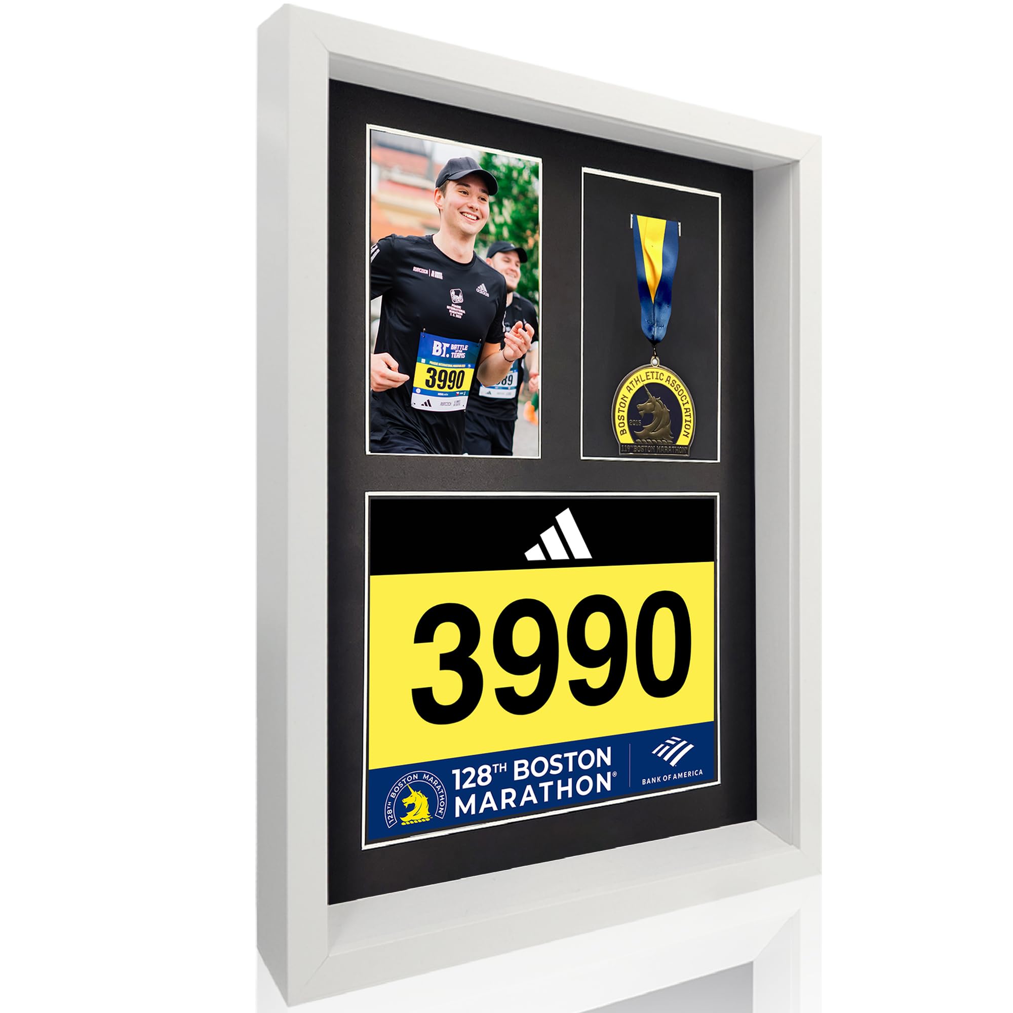 3-in-1 Shadow Box Display with Real Glass (Medal, Race Bibs, and Photo Display) – Marathon Medal Display and Frame, Triathlon & Running Bib Holder, Wall-Mounted, Real Tempered Glass- White