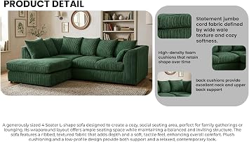 4 Settee Suites - Sectional L Shaped 4 Seater Corner Sofa - Modern Jumbo Cord Sofas - Small L Shape Left & Right Hand Settees - Comfy Scatter Back Couches for Living Room (Green, LHC)