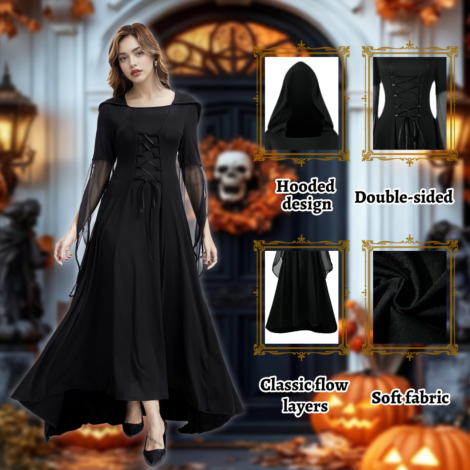 Damen Mittelalter Kleid,Gothic Schnürkleid,Renaissance Vintage Party Cosplay Mittelalter Kleidung(A, M)