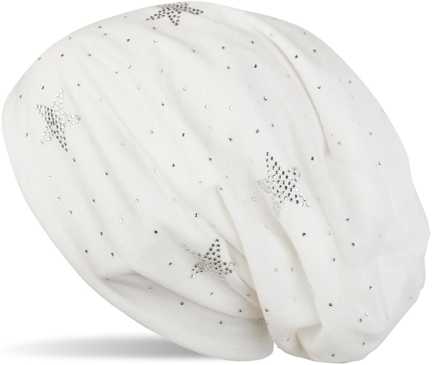 Stylebreaker Women's White Beanie Hat With Rhinestone Stars And All-Over Rhinestones, Slouch Long Beanie, 04024116, Colour:
