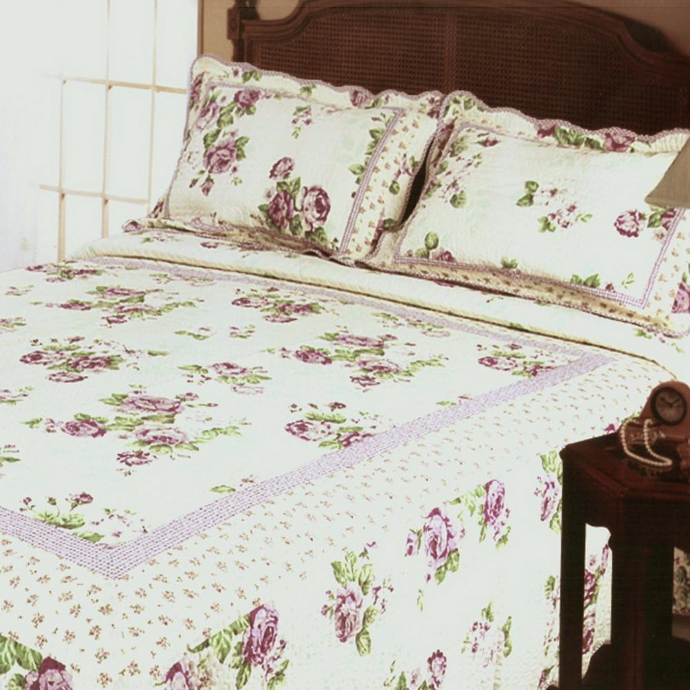 Blancho Bedding [Classical Rose] 3-Pieces Floral Printed-Quilted Cotton Quilt Set (Full/Queen Size)