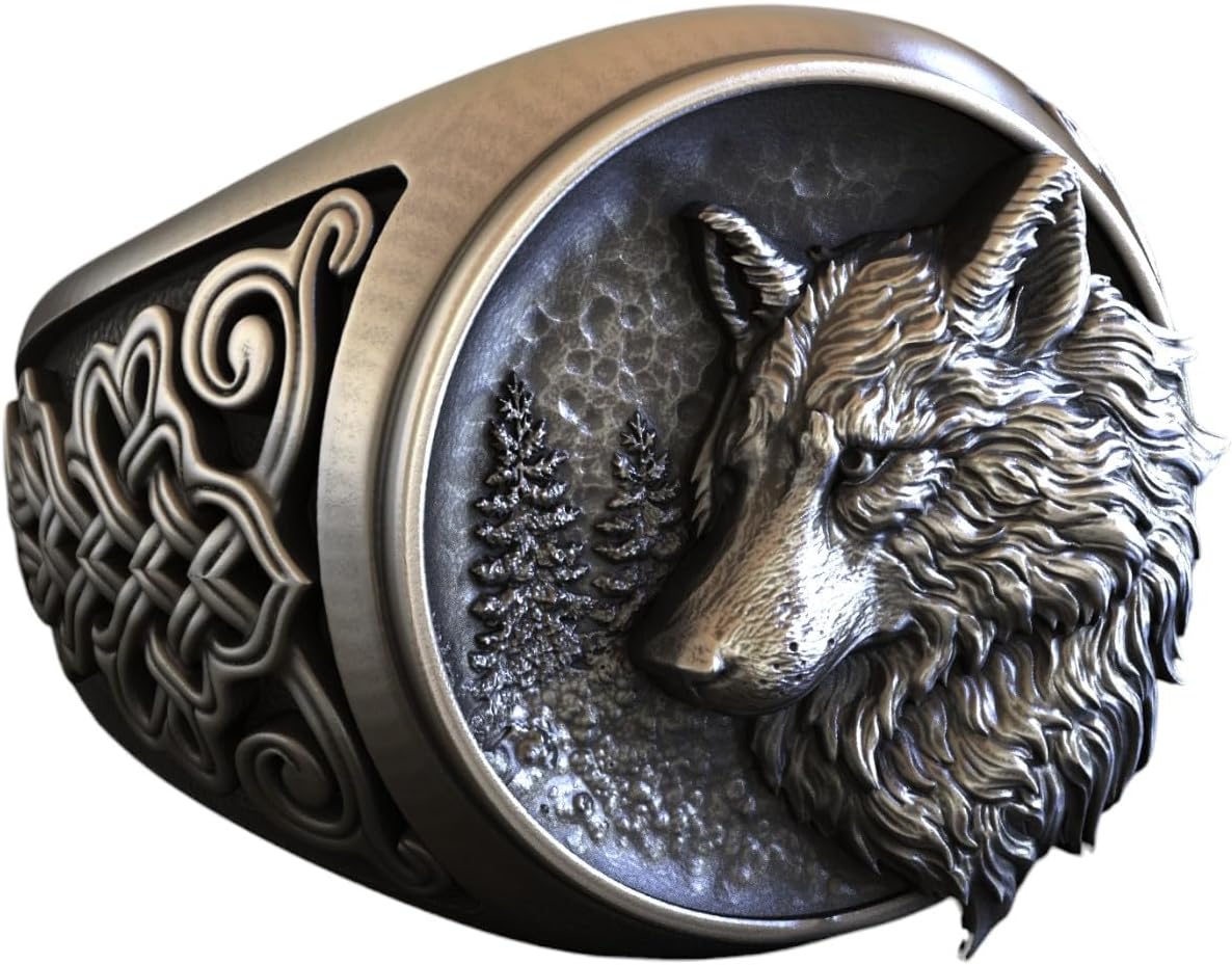 Wolf Ring for Men – Handmade 925 Sterling Silver Animal Signet Ring with Forest Detailing – Unique Viking Biker Jewelry